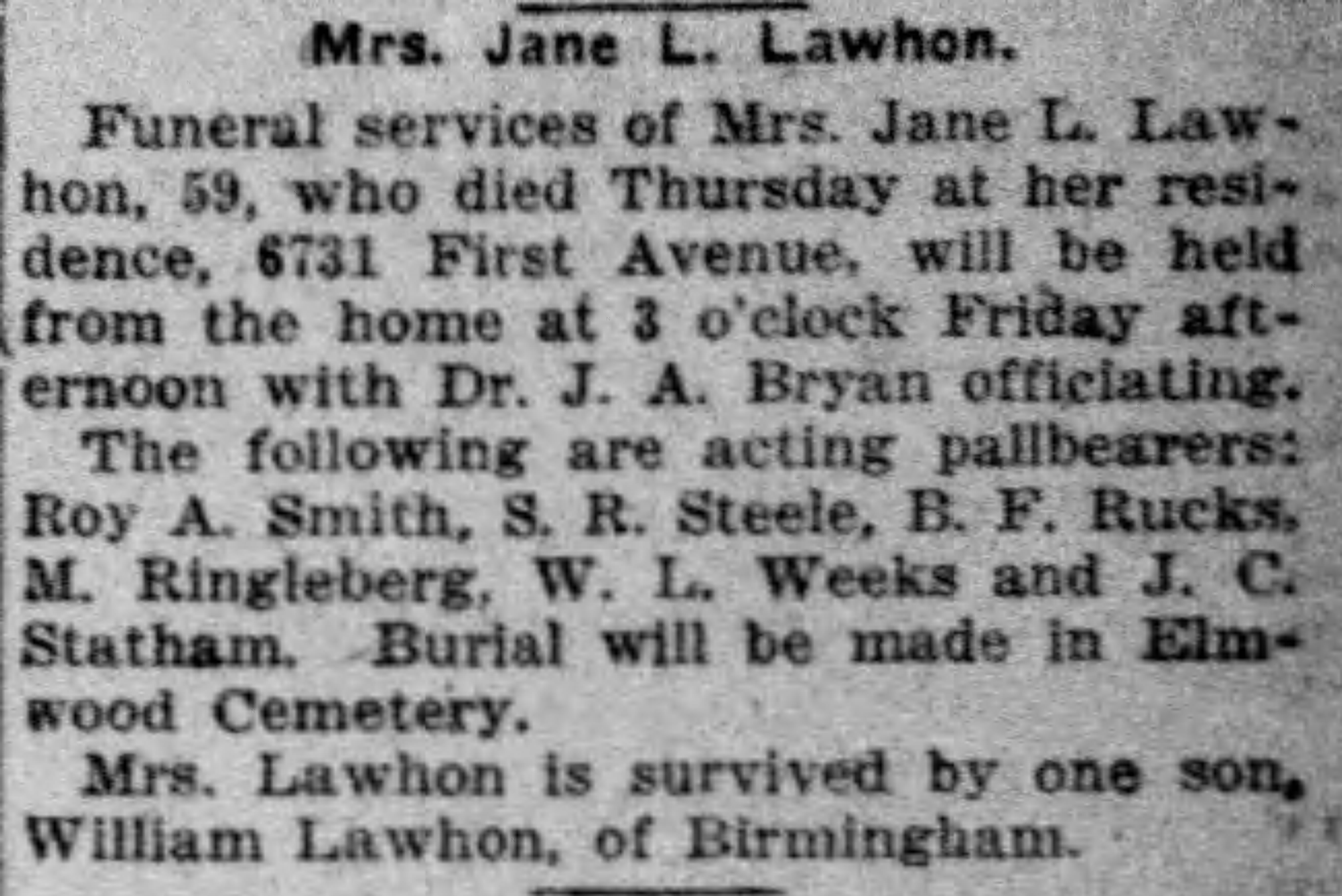Jane L. Lawhon obituary